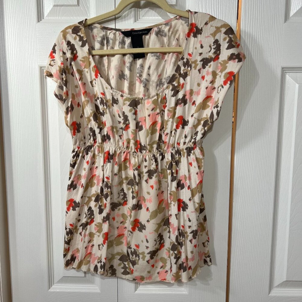 Calvin Klein Wm M Spring Smock Top cap sleeve Brown Pink Cream Feminine Boho